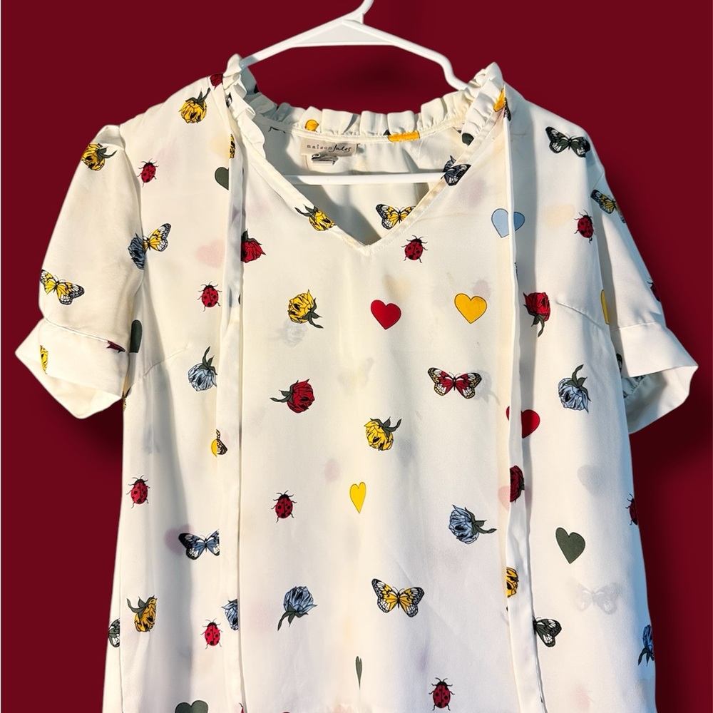 White Butterfly Print Blouse